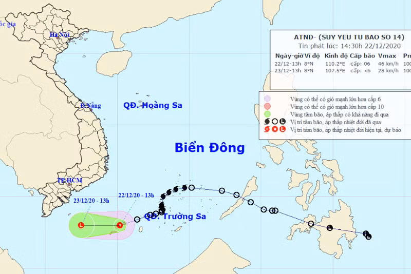 Vị trí và hướng di chuyển của áp thấp nhiệt đới (suy yếu từ bão số 14). (Nguồn: nchmf.gov.vn)