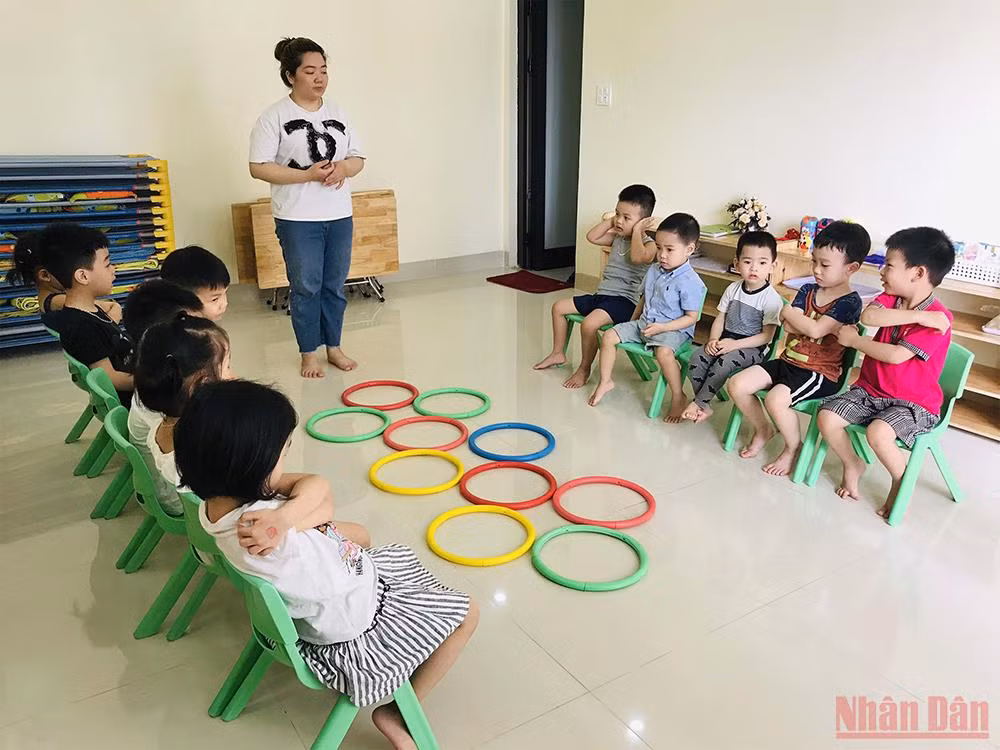Một lớp học tại điểm trường mầm non tư thục Galaxy Ngân Hà, quận Hoàng Mai (Hà Nội). (Ảnh: Đăng Khoa)