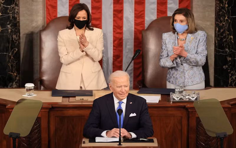 Tổng thống Biden có bài phát biểu trước Quốc hội Mỹ, ngày 28-4. (Ảnh: Reuters)