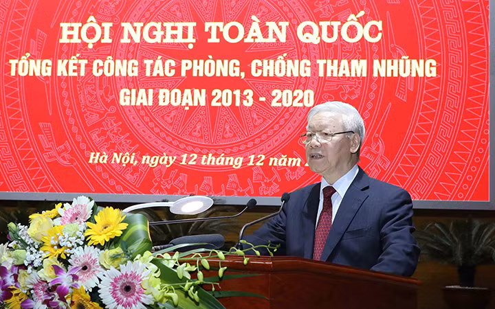 Tổng Bí thư, Chủ tịch nước Nguyễn Phú Trọng, Trưởng Ban Chỉ đạo Trung ương về phòng, chống tham nhũng phát biểu kết luận hội nghị. Ảnh: PHƯƠNG HOA (TTXVN)