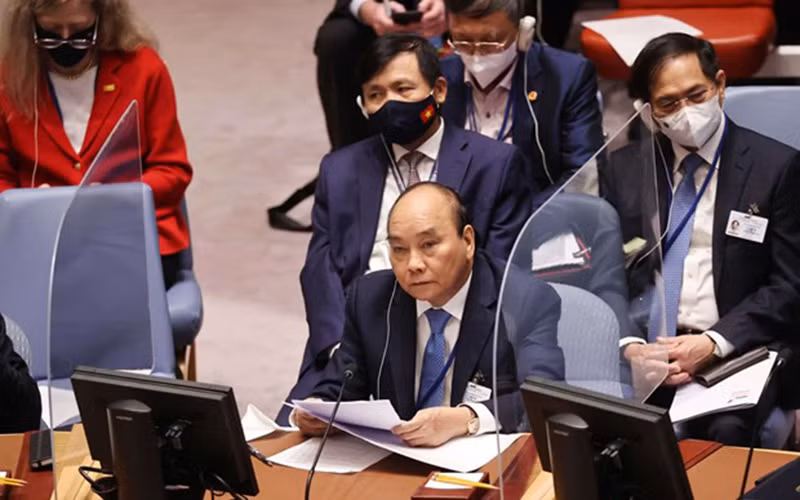 Chủ tịch nước Nguyễn Xuân Phúc tham dự và phát biểu tại một phiên họp cấp cao của Hội đồng Bảo an Liên hợp quốc. (Ảnh: TTXVN)
