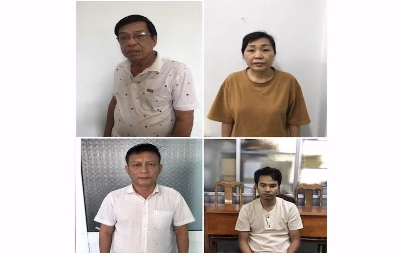 Từ trái qua phải, các đối tượng: Đào Ngọc Cảnh, Hoàng Thị Tâm, Ngô Văn Trọng và Vũ Văn Quý. (Ảnh: Công an An Giang cung cấp)
