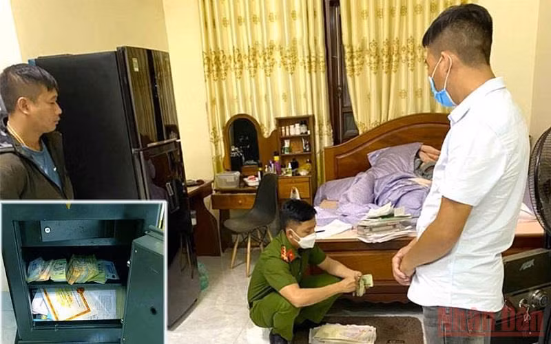 Lực lượng công an khám xét nơi ở của Nguyễn Hoàng Bảo Long, thu giữ hơn 200 triệu đồng cùng các tang vật liên quan.