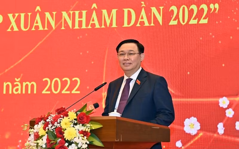 Chủ tịch Quốc hội Vương Đình Huệ phát biểu chúc Tết nhân dịp Xuân Nhâm Dần 2022. (Ảnh: Duy Linh)