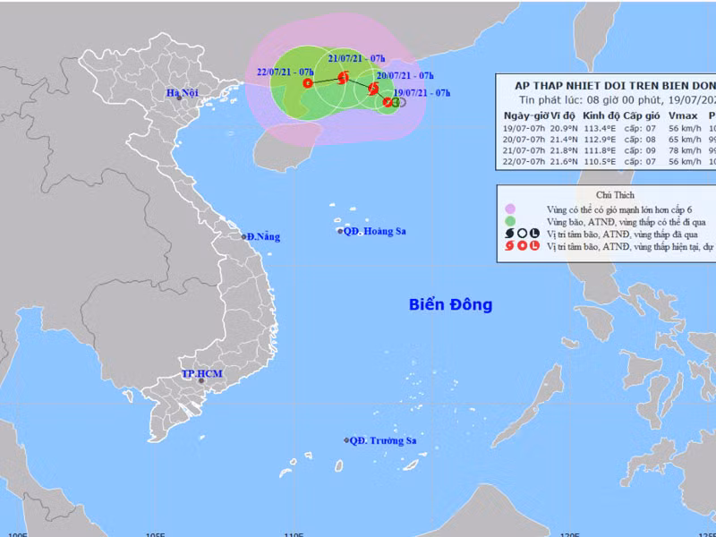 Vị trí và hướng di chuyển của áp thấp nhiệt đới. (Nguồn: nchmf.gov.vn)