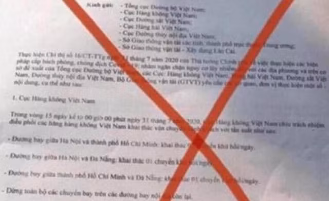 Văn bản lan truyền trên mạng xã hội về "dừng các đường bay nội địa từ 0 giờ ngày 31-7" là giả mạo.