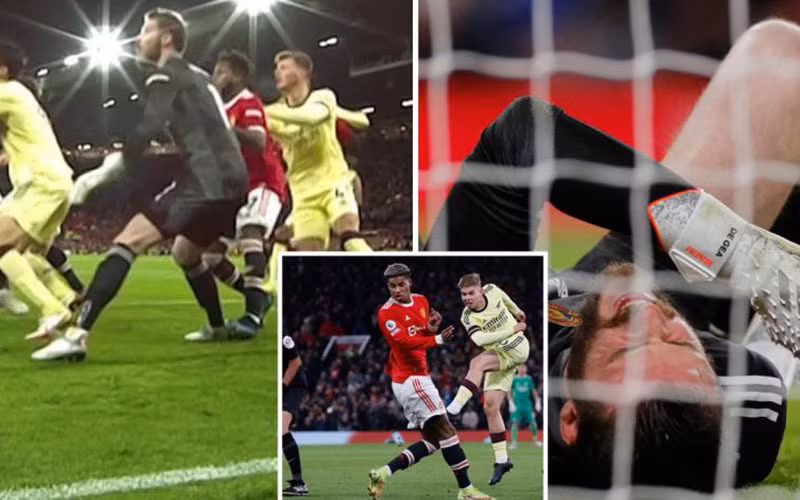 Tình huống ghi bàn của Emile Smith Rowe khi De Gea nằm sân. (Ảnh: DailyMail)