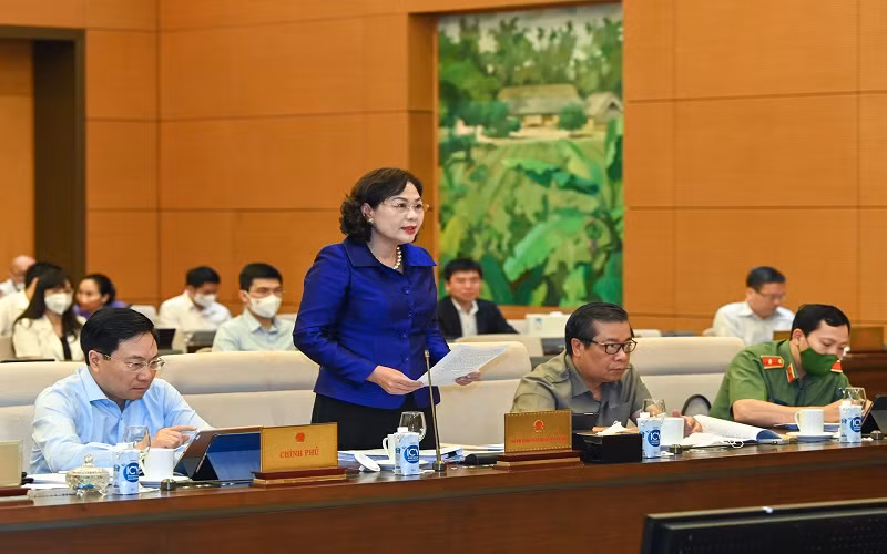 Thống đốc Ngân hàng Nhà nước Nguyễn Thị Hồng phát biểu tại phiên họp. (Ảnh Duy Linh)