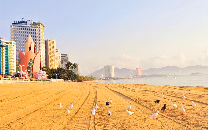 Bãi biển Nha Trang vắng lặng, không bóng người.