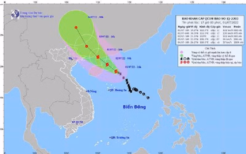 Dự báo vị trí và hướng di chuyển của bão số 1. (Nguồn: Trung tâm Dự báo khí tượng thủy văn quốc gia)