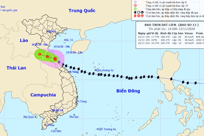 Vị trí và hướng di chuyển của bão số 13. (Nguồn: nchmf.gov.vn)
