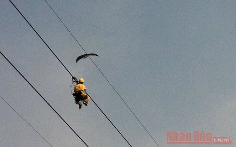 Nhân viên Truyền tải điện Đông Bắc 3 vất vả tháo gỡ những chiếc diều mắc vào đường dây