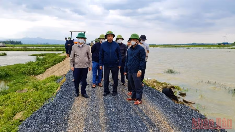 Ông Trần Quang Hoài (đứng giữa) kiểm tra tình hình úng ngập tại huyện Quảng Ninh. 