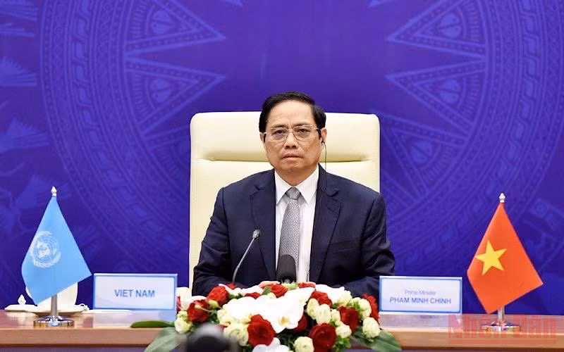 Thủ tướng Phạm Minh Chính dự Phiên thảo luận mở Cấp cao của Hội đồng Bảo an Liên hợp quốc về chủ đề "Thúc đẩy An ninh Biển và Một số lĩnh vực hợp tác quốc tế" theo hình thức trực tuyến tối 9/8. (Ảnh: TRẦN HẢI)