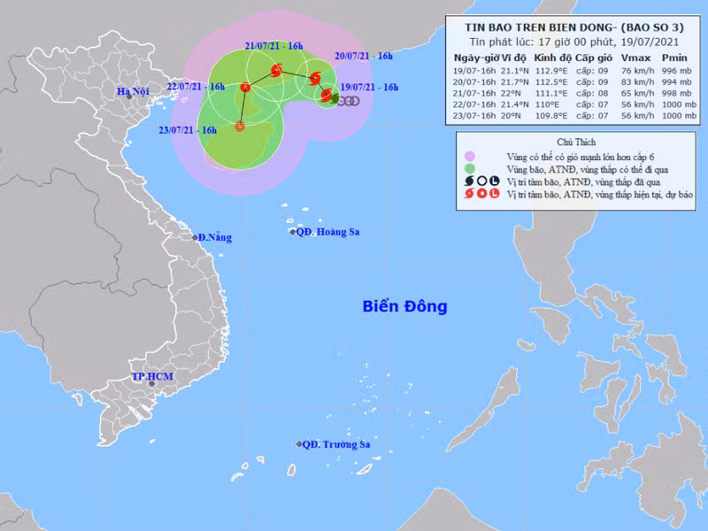 Vị trí và hướng di chuyển của bão số 3. (Nguồn: nchmf.gov.vn)