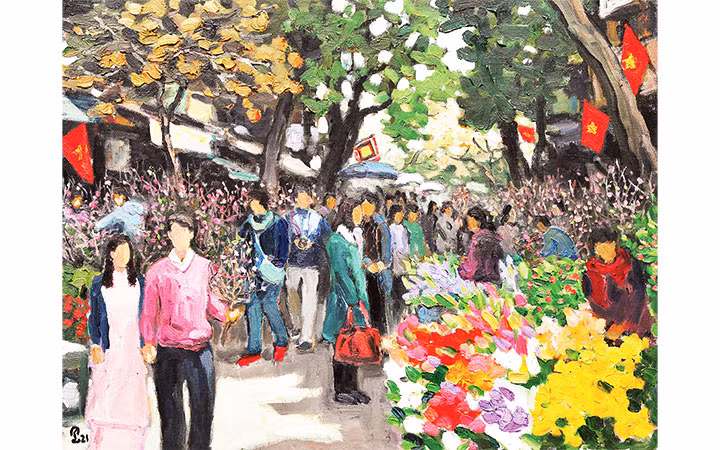 Chợ hoa Tết. Tranh: PHẠM LUẬN