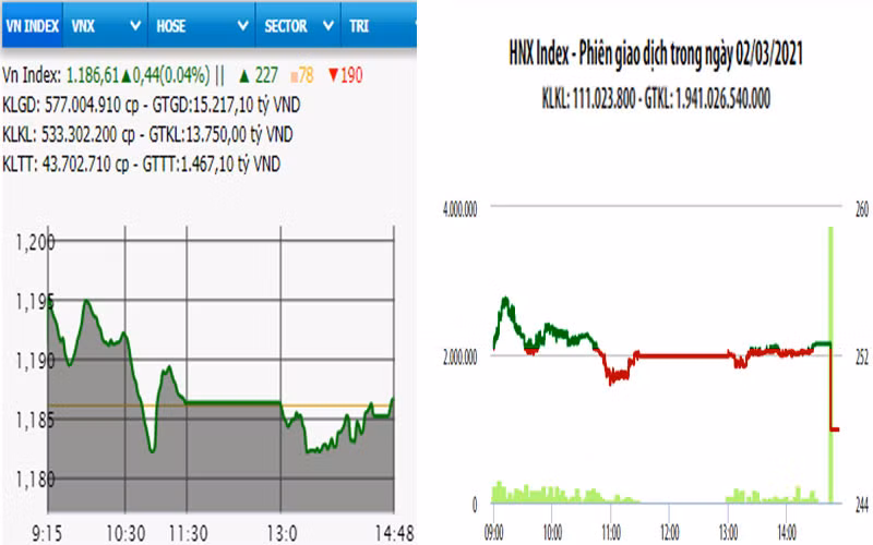 Diễn biến VN-Index và HNX-Index, phiên giao dịch ngày 2-3. 