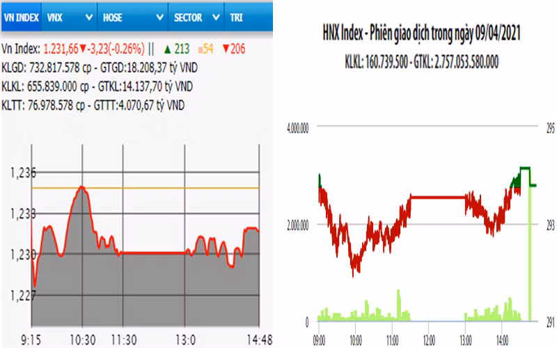 Diễn biến VN-Index và HNX-Index, phiên giao dịch ngày 9-4. 