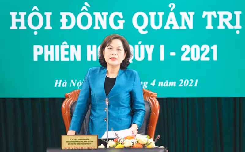 Thống đốc NHNN kiêm Chủ tịch HĐQT NHCSXH Nguyễn Thị Hồng phát biểu tại phiên họp thường kỳ quý 1-2021.