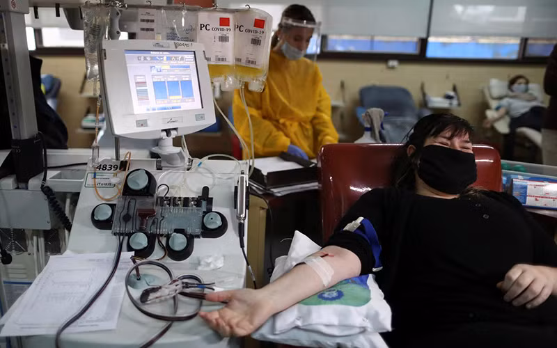 Một nữ bệnh nhân Covid-19 đã hoàn toàn hồi phục đang hiến huyết tương tại bệnh viện. Ảnh: Reuters