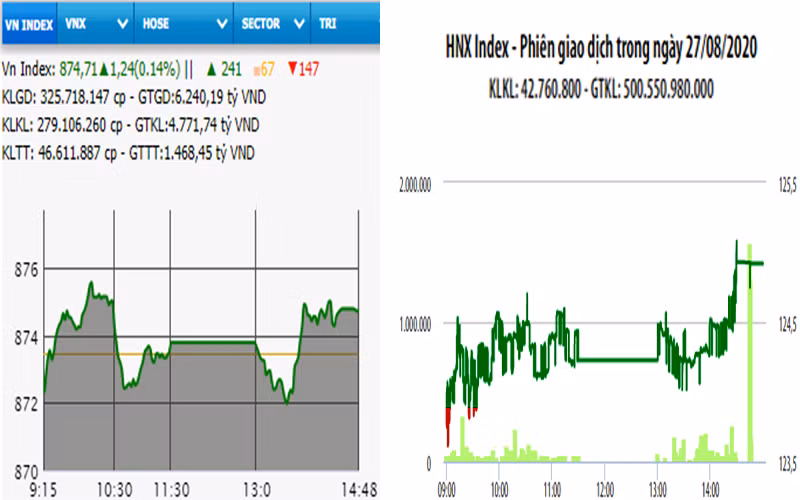 Diễn biến VN-Index và HNX-Index, phiên giao dịch ngày 27-8. 