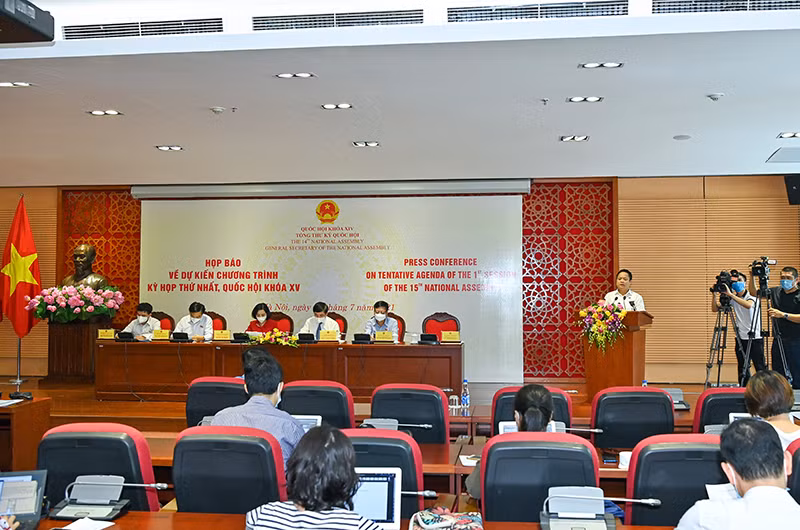 Quang cảnh buổi họp báo về dự kiến kỳ họp thứ nhất, Quốc hội khóa XV. (Ảnh: DUY LINH)
