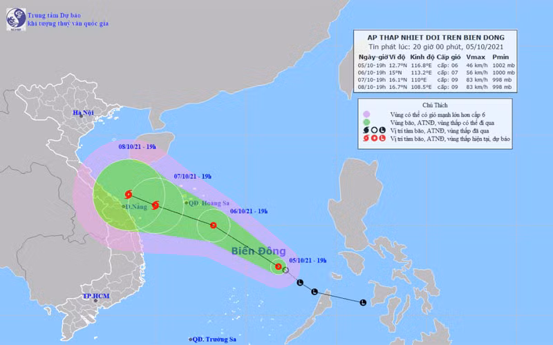 Vị trí và hướng di chuyển của áp thấp nhiệt đới trên Biển Đông. (Nguồn: nchmf.gov.vn)