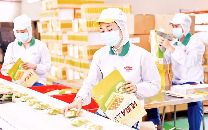 Công nhân Công ty cổ phần Bibica đóng gói sản phẩm phục vụ hàng Tết (Ảnh minh họa: Phương Vy).