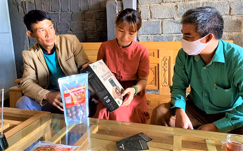Chị H’Bích Niê Kđăm, Giám đốc Công ty TNHH phát triển nông nghiệp Kim Bình Mắc ca giới thiệu sản phẩm mắc ca của công ty cho khách hàng.