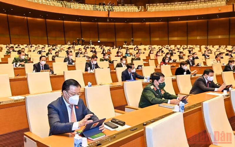 Các đại biểu Quốc hội tham gia biểu quyết thông qua Nghị quyết về thí điểm một số cơ chế, chính sách đặc thù phát triển thành phố Cần Thơ. (Ảnh: LINH KHOA)