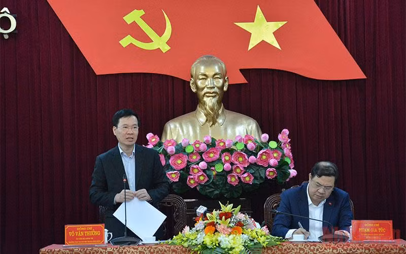 Đồng chí Võ Văn Thưởng, Ủy viên Bộ Chính trị, Thường trực Ban Bí thư phát biểu ý kiến tại buổi làm việc.