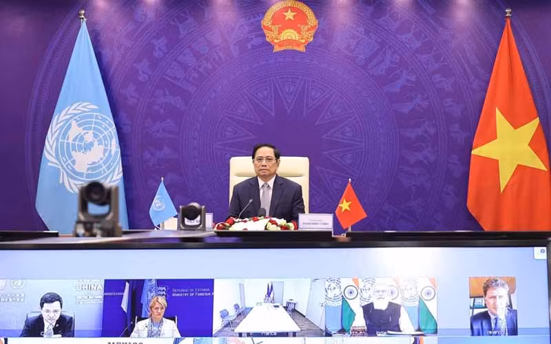 Thủ tướng Phạm Minh Chính phát biểu tại Phiên thảo luận mở Cấp cao của Hội đồng Bảo an Liên hợp quốc. (Ảnh: Dương Giang/TTXVN)