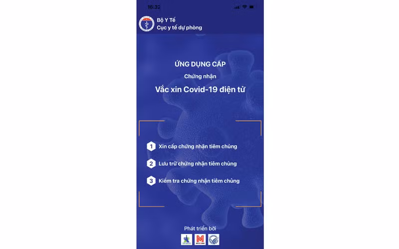Giao diện ứng dụng của hệ thống cấp chứng nhận vaccine Covid-19 điện tử.