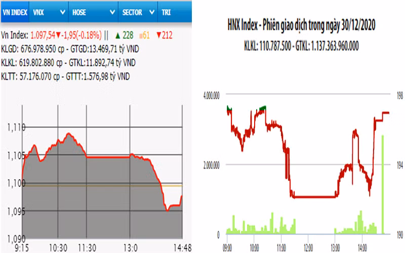 Diễn biến VN-Index và HNX-Index, phiên giao dịch ngày 30-12. 