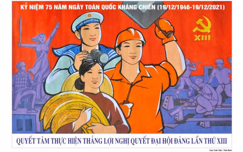Mẫu tranh cổ động TP Hà Nội thông qua nhân dịp kỷ niệm 75 năm Ngày Toàn quốc kháng chiến.