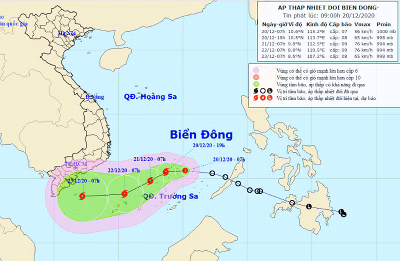 Vị trí và hướng di chuyển của áp thấp nhiệt đới. (Nguồn: nchmf.gov.vn)