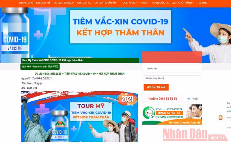 Một quảng cáo tour tiêm vaccine Covid-19 tại Mỹ kết hợp thăm thân nhân được doanh nghiệp lữ hành ở TP Hồ Chí Minh chào bán (Ảnh: N.T)