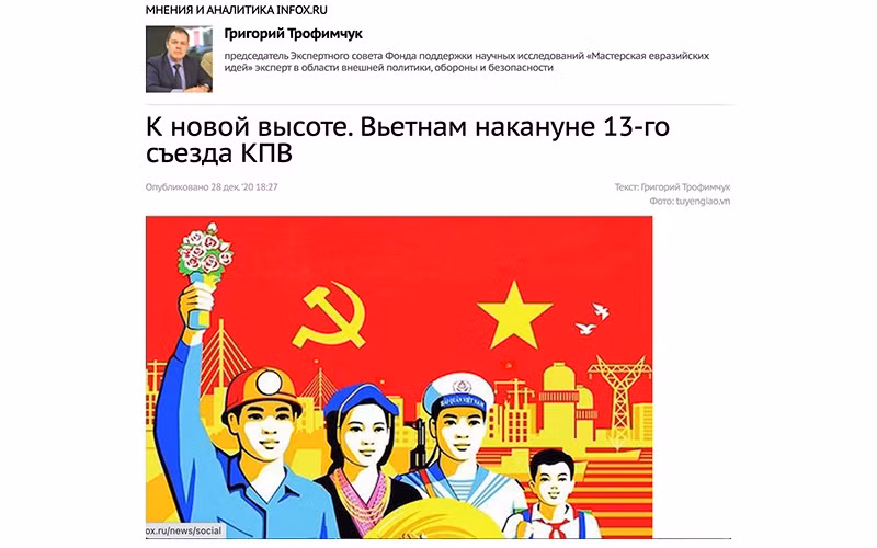 Giao diện trang mạng Infox.ru của Nga với bài báo ca ngợi vai trò lãnh đạo của Đảng Cộng sản Việt Nam.