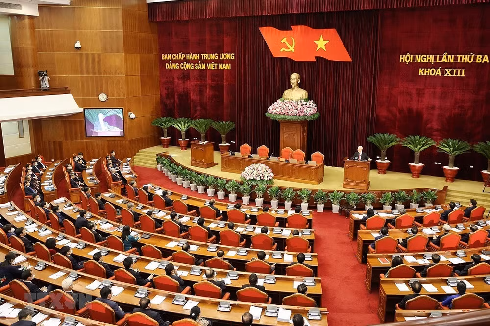 Phiên bế mạc Hội nghị lần thứ ba Ban Chấp hành Trung ương Đảng Cộng sản Việt Nam khóa XII ngày 8/7. Ảnh: TTXVN.