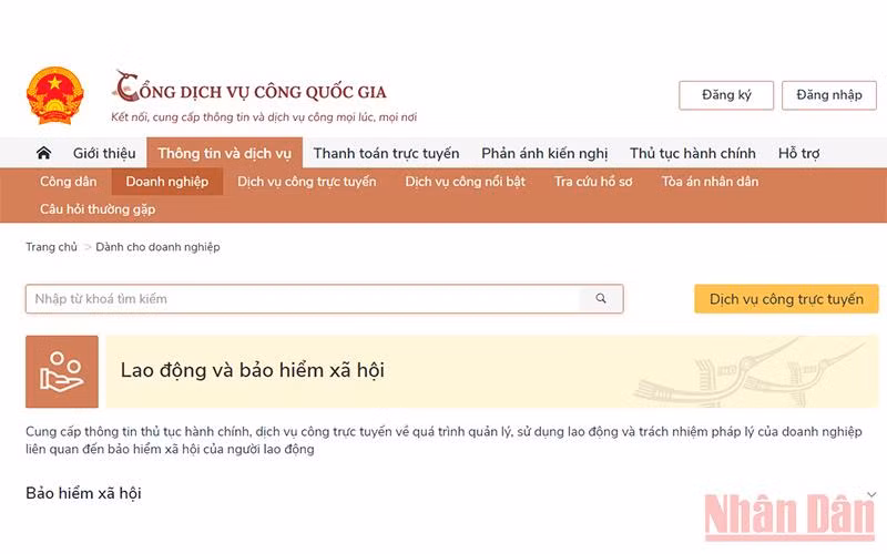 Dịch vụ công về bảo hiểm xã hội trên Cổng dịch vụ công quốc gia.