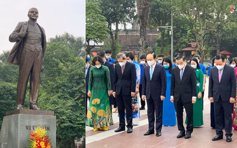 Đoàn đại biểu thành phố Hà Nội dâng hoa, tưởng nhớ Lãnh tụ Cộng sản V.I.Lenin. (Ảnh: Duy Linh)