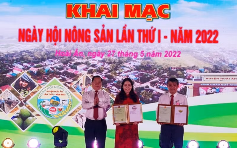 Dừa xiêm, bưởi da xanh, trà Gò Loi, heo và gà ta thả vườn của huyện Hoài Ân được công nhận nhãn hiệu tập thể.