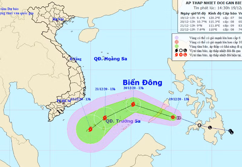 Vị trí và hướng di chuyển của áp thấp nhiệt đới. (Nguồn: nchmf.gov.vn)