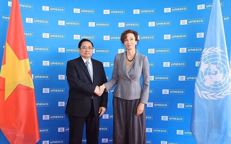 Tổng Giám đốc UNESCO Audrey Azoulay tiếp Thủ tướng Phạm Minh Chính (Ảnh: TTXVN)
