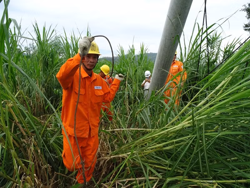 Công nhân xí nghiệp dịch vụ Điện lực Phú Yên đang thi công dựng lại cột điện bị ngã đổ tại xã An Mỹ, huyện Tuy An, Phú Yên (Ảnh: Trình Kế)