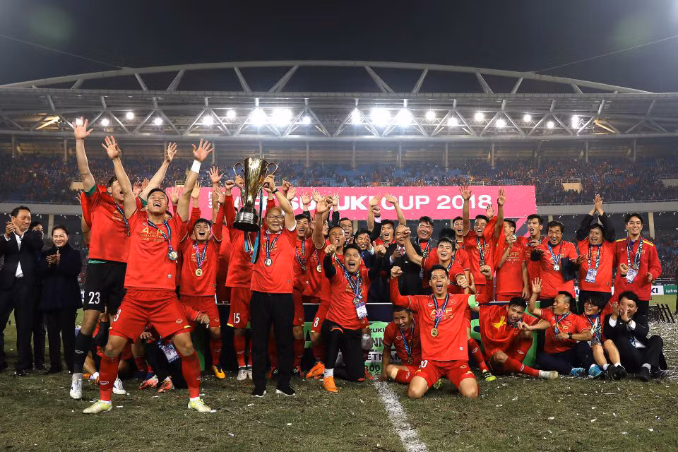 Thầy trò HLV Park Hang Seo từng đánh bại Malaysia 1-0 ở chung kết lượt về, qua đó lên ngôi vô địch AFF Cup 2018. (Ảnh: VFF)