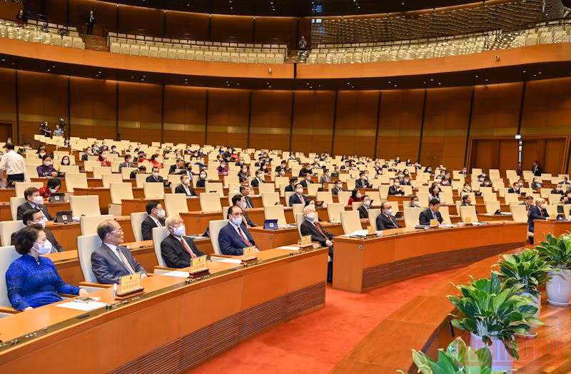 Các đồng chí lãnh đạo, nguyên lãnh đạo Đảng, Nhà nước và các đại biểu tại phiên khai mạc. (Ảnh: Duy Linh - Thủy Nguyên)