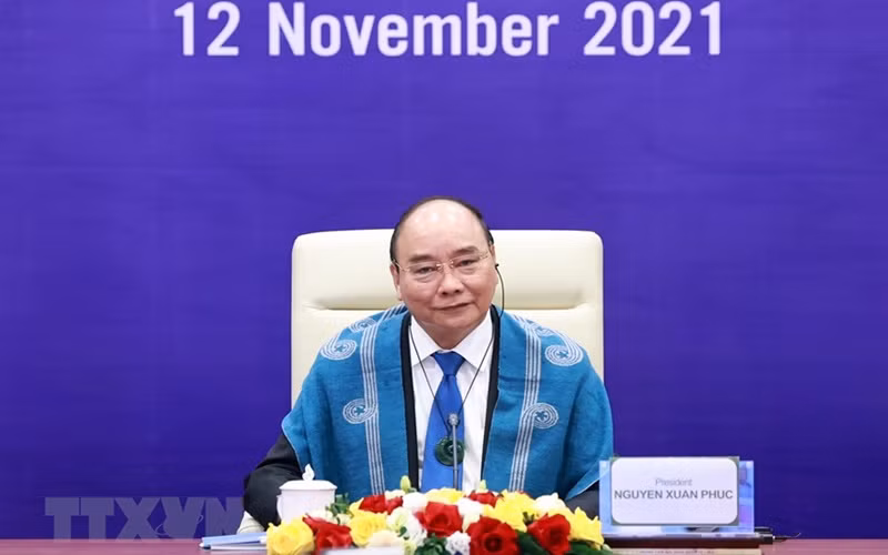Chủ tịch nước Nguyễn Xuân Phúc tại điểm cầu Hà Nội. (Ảnh: TTXVN)