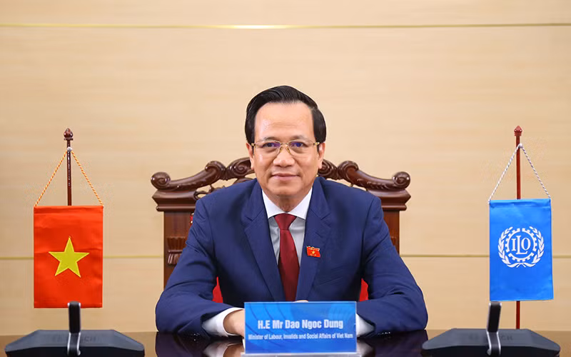 Bộ trưởng Lao động-Thương binh và Xã hội Đào Ngọc Dung phát biểu trực tuyến tại ILC 110 (Ảnh: Molisa).