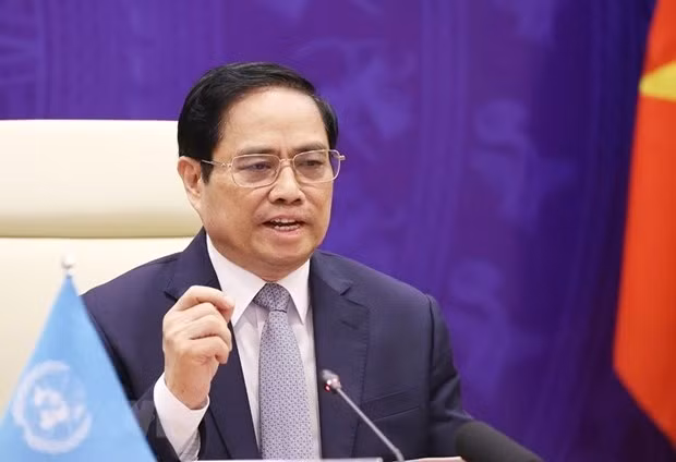 Thủ tướng Phạm Minh Chính phát biểu tại Phiên thảo luận mở Cấp cao của Hội đồng Bảo an Liên hợp quốc về an ninh biển, ngày 9/8. (Ảnh: TTXVN)